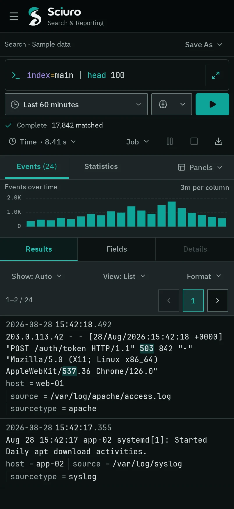 Sciuro Search on a phone in the Dark theme